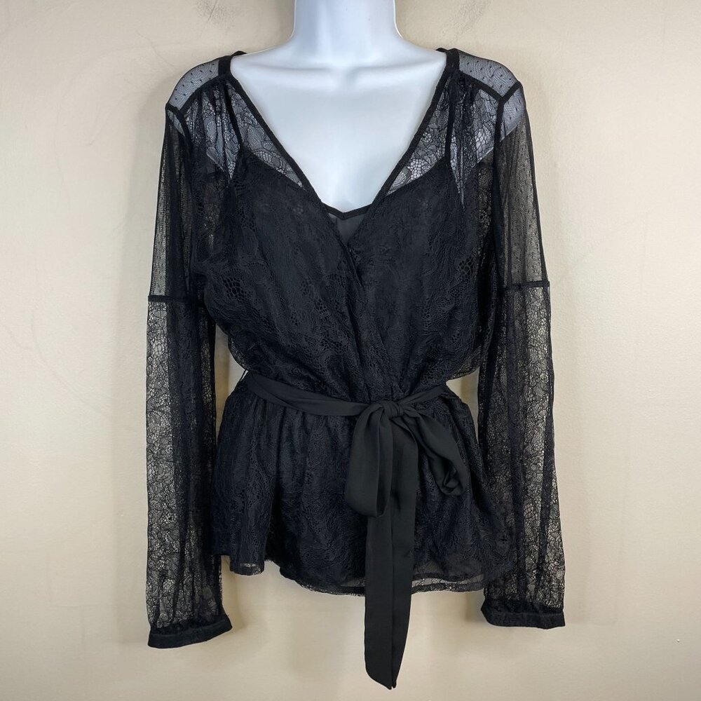 Express Womens Y2K Whimsigoth Lace Top Size M Black Witchy Belted Babydoll